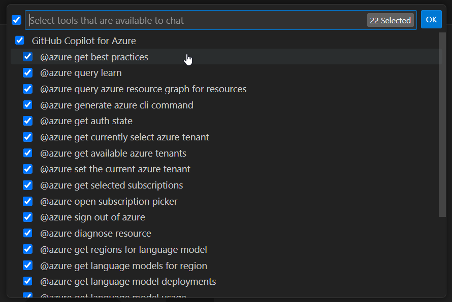 Screenshot of the list of tools in Visual Studio Code.