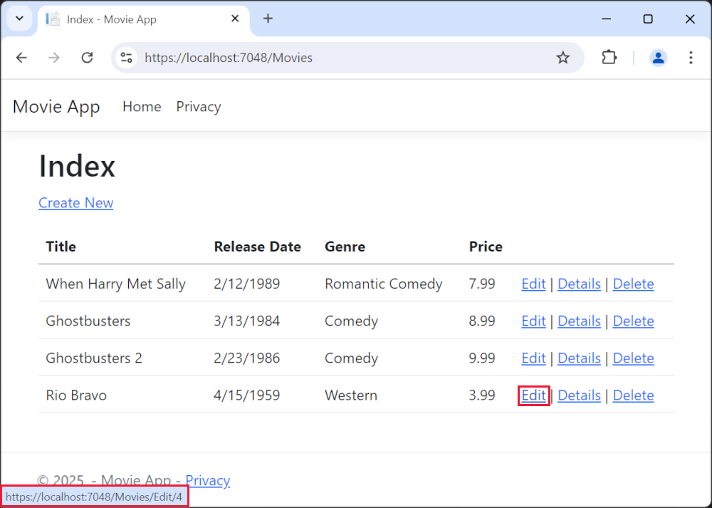 Browser window with mouse over the Edit link and a link Url of https://localhost:5001/Movies/Edit/5 is shown