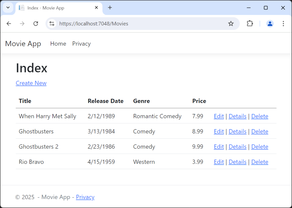 MVC Movie app open in Microsoft Edge showing movie data