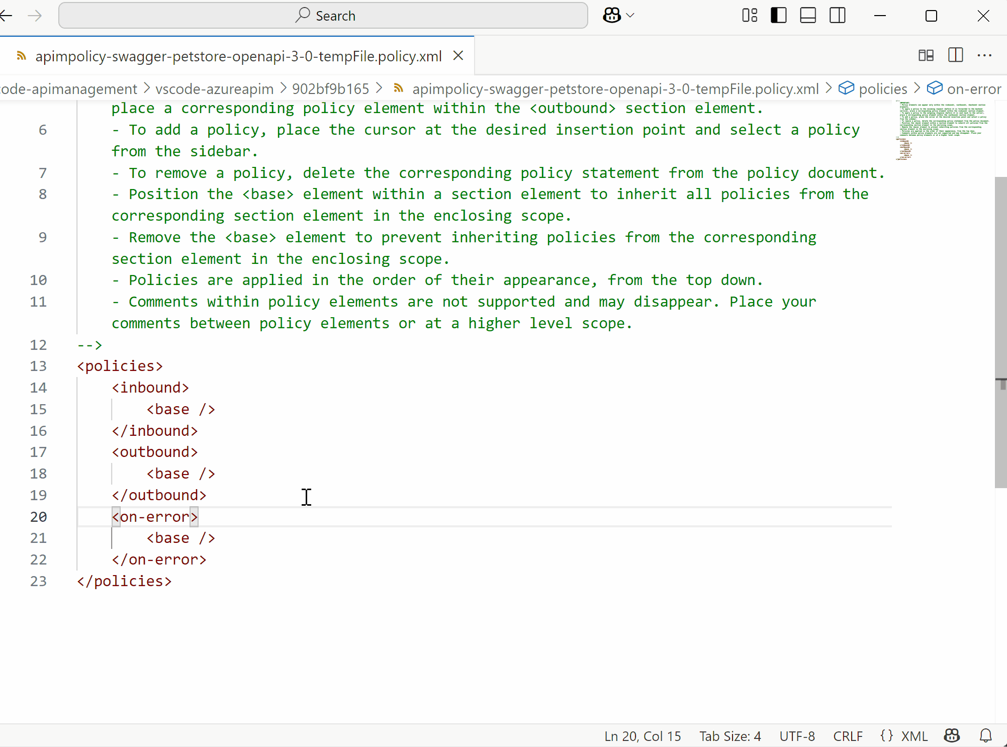 Animation showing drafting of an API Management policy in VS Code.