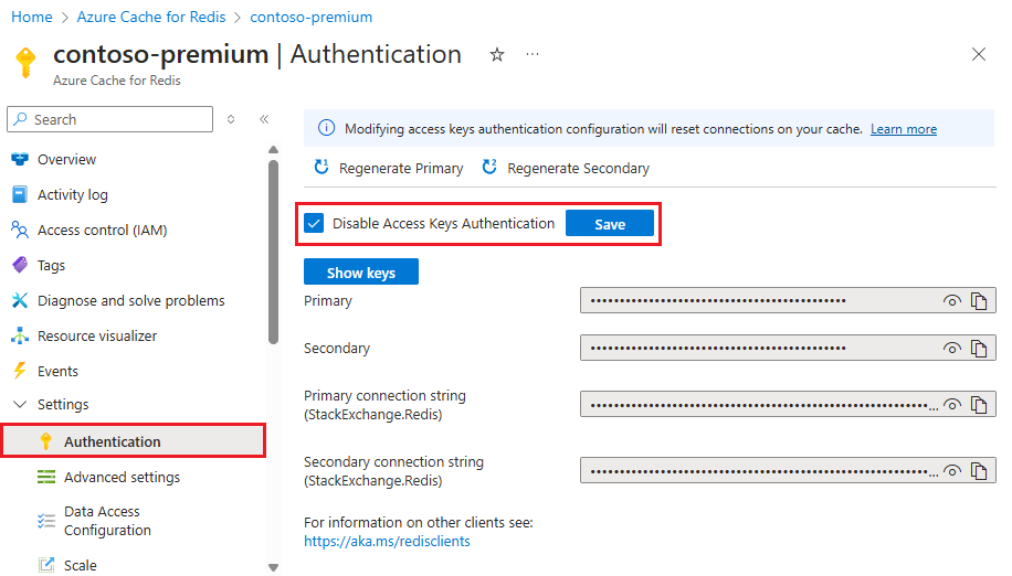 Screenshot of disabling access keys authentication.