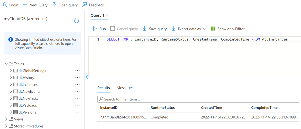 Screenshot that shows Azure SQL Query Editor results for the SQL query.