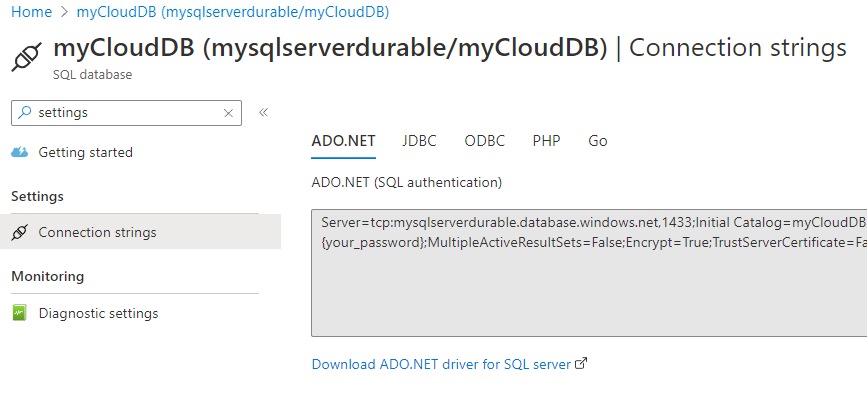 Screenshot showing database connection string.