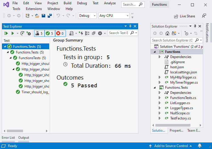 Screenshot that shows testing Azure Functions with C# in Visual Studio.