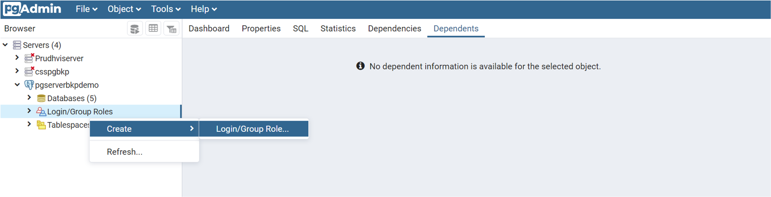 Screenshot that shows menu selections for adding a new login or group role for database users.