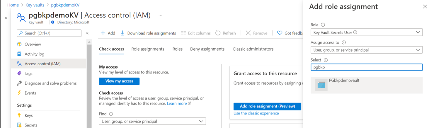 Screenshot that shows the option to grant the Azure Backup vault's M S I Key Vault Secrets User access on the key vault.
