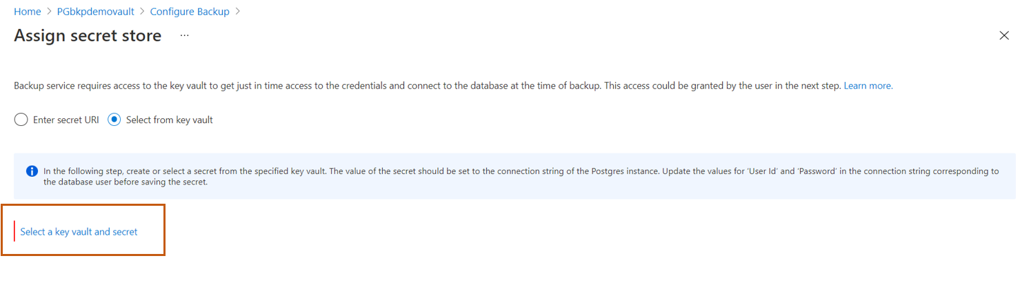 Screenshot that shows selections for assigning a secret store.