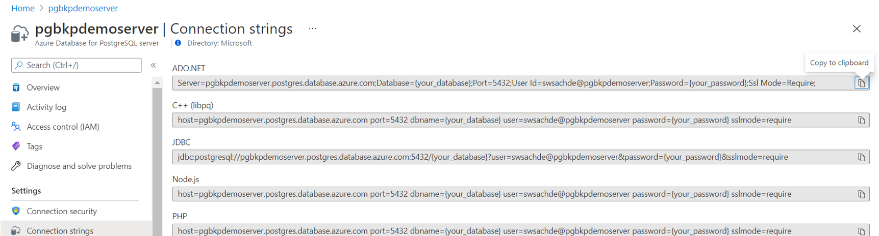 Screenshot that shows the Azure Database for PostgreSQL server connection string as a secret.