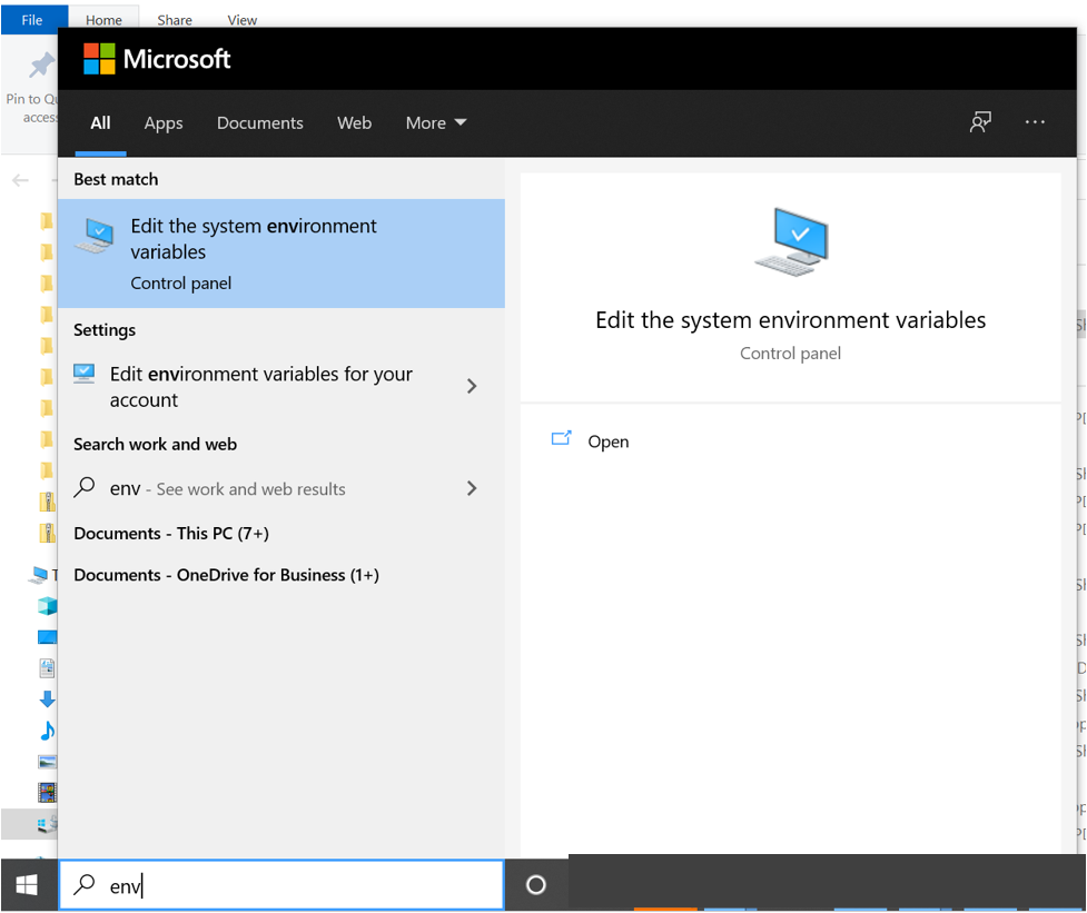 Screenshot that shows a search for the Control Panel item to edit system environment variables.
