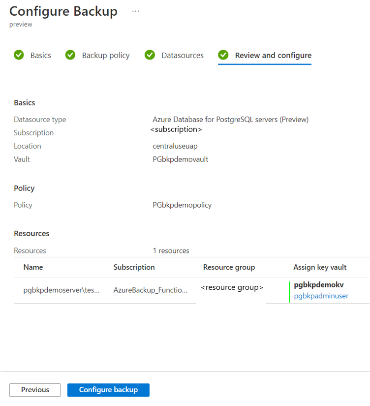 Screenshot that shows the tab for reviewing a backup configuration.