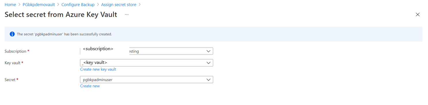 Screenshot that shows the selection of a secret from Azure Key Vault.