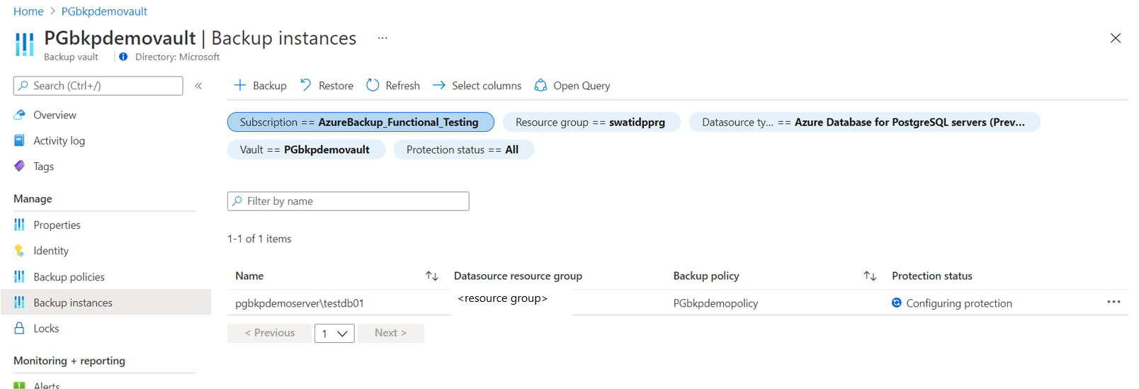 Screenshot that shows the details for a configured backup.