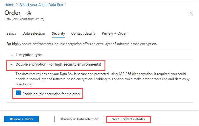 Screen capture showing the data fields on the Security tab for a Data Box export order with Double Encryption settings controls expanded.