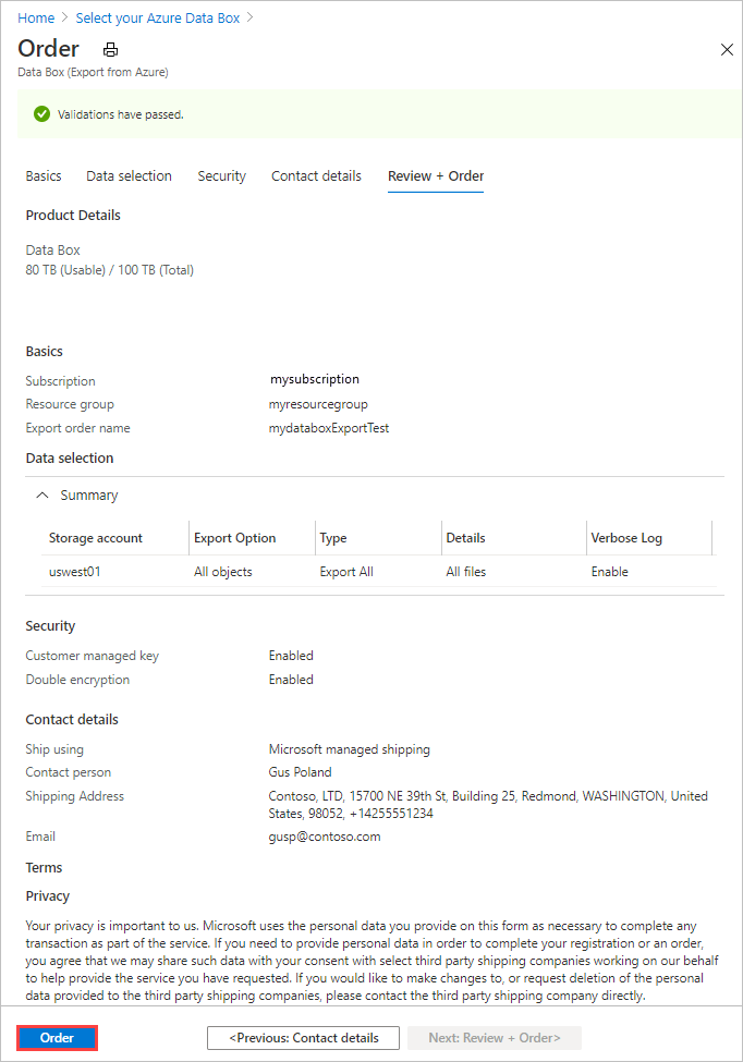 Screen capture showing a Data Box order after being committed.