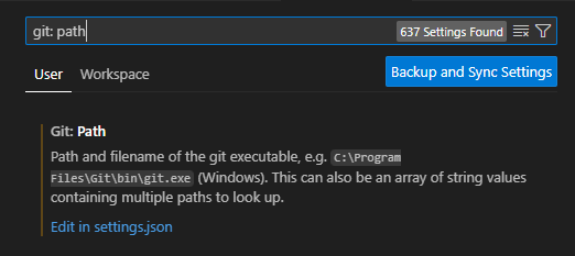 Screenshot of Visual Studio Code settings search bar for git path.