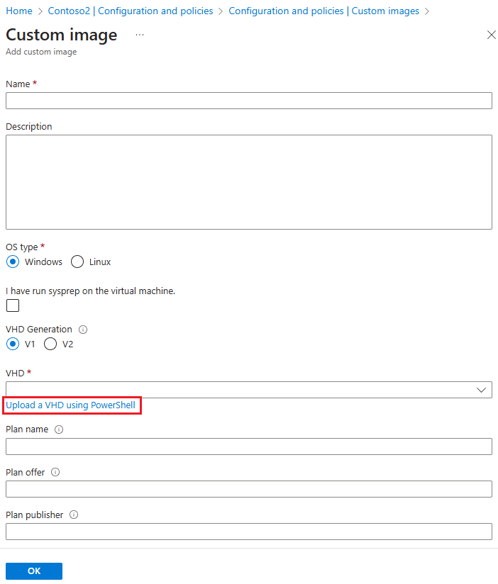 Screenshot that shows the link to upload a VHD by using PowerShell.