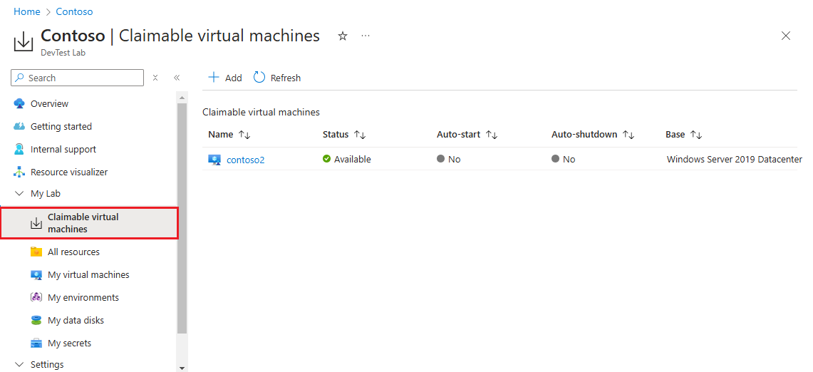 Screenshot of the lab Claimable virtual machines page.