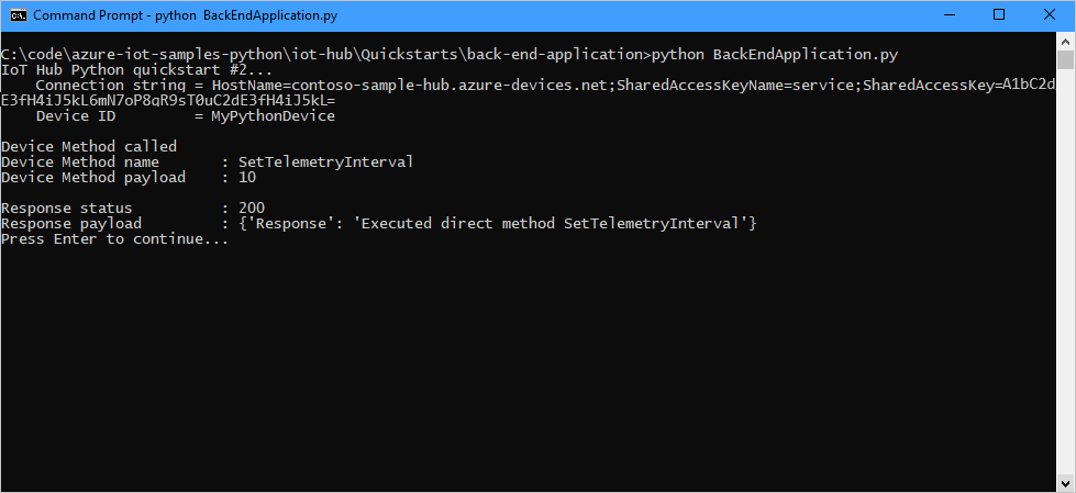 Screenshot of a terminal window that shows the result of the direct method call from the service application.