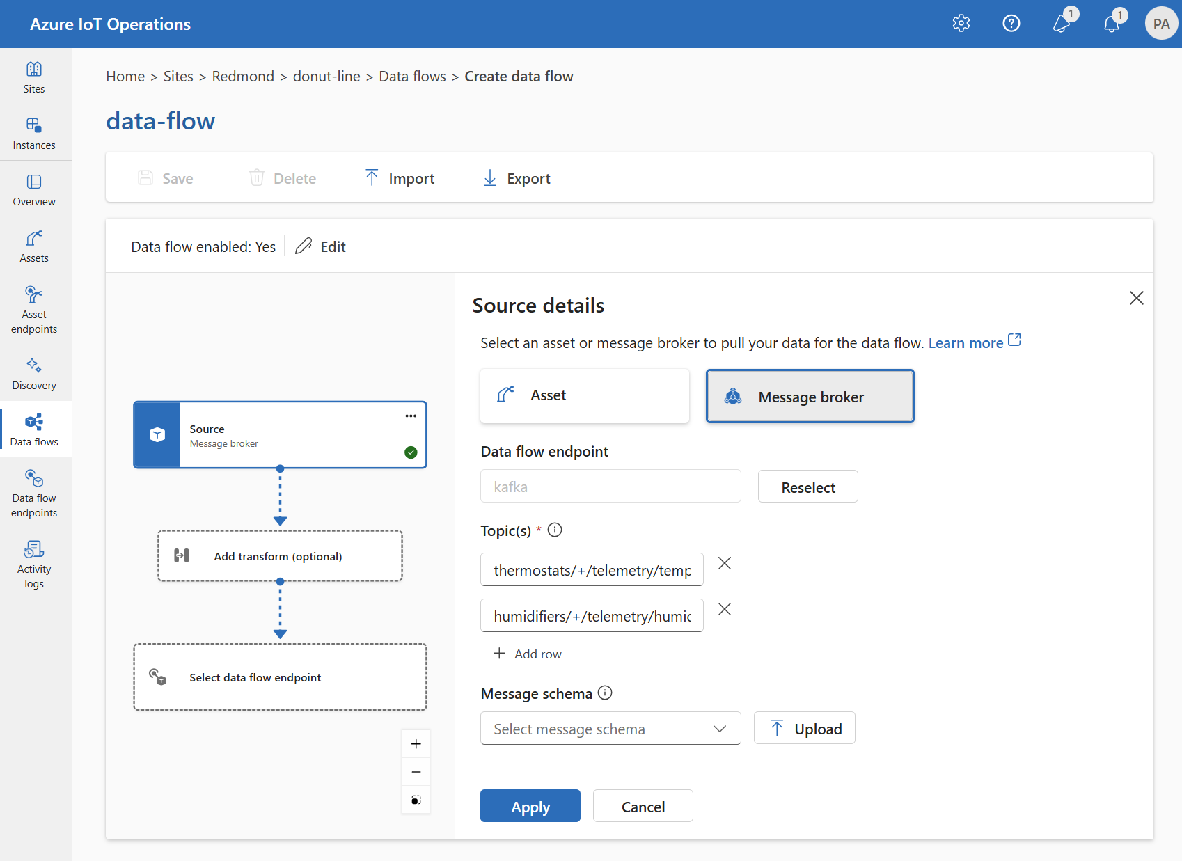 Screenshot using operations experience to select a custom message broker as the source endpoint.