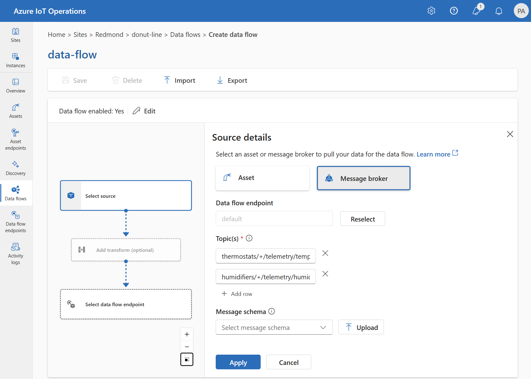 Screenshot of the operations experience interface showing the selection of the message broker as the source endpoint for a data flow.