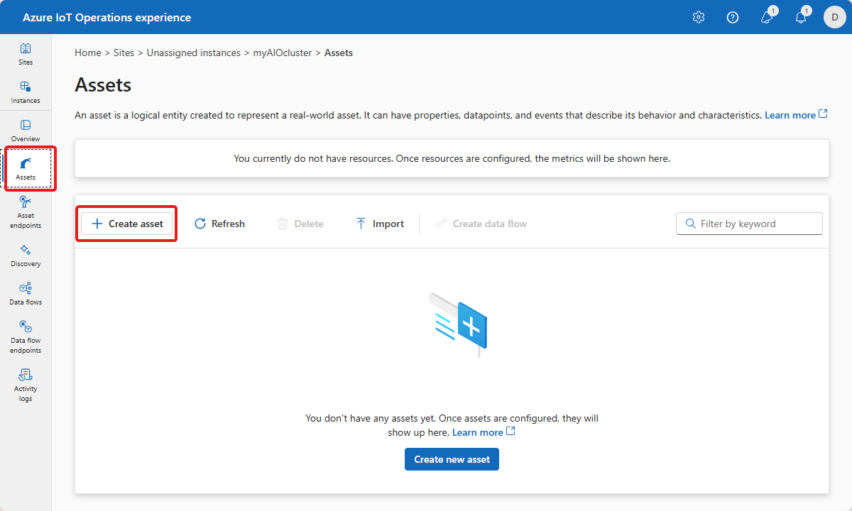 Screenshot of Azure IoT Operations empty asset list.