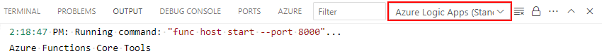 Screenshot shows Output window with scope list and Azure Logic Apps (Standard) selected.