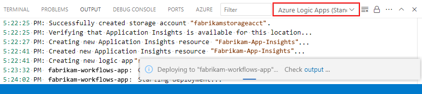 Screenshot shows Output window and scope list with Azure Logic Apps Standard selected along with deployment progress and statuses.