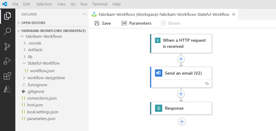Screenshot that shows Visual Studio Code, logic app workspace, project, and workflow.