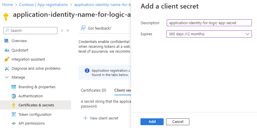 Screenshot shows secret creation for application identity.