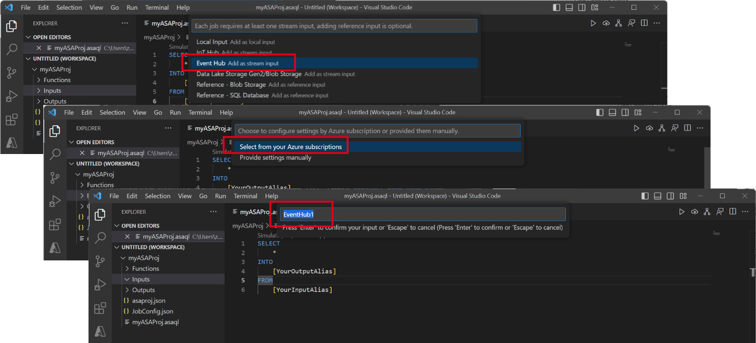 Screenshot of VS Code extension showing series of steps for Event Hub input configuration.