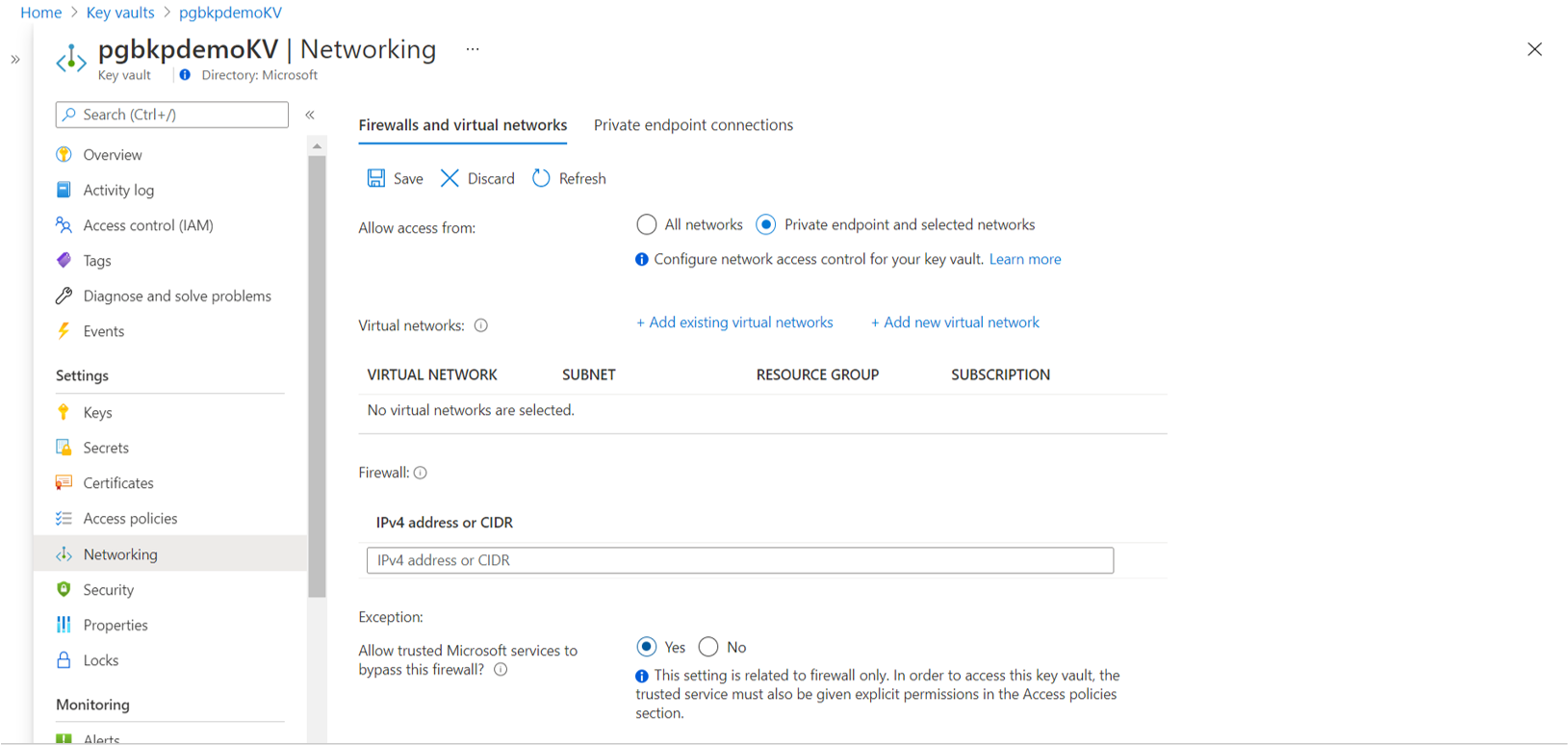 Screenshot that shows selecting the option to allow trusted Microsoft services for network line-of-sight access on a key vault.