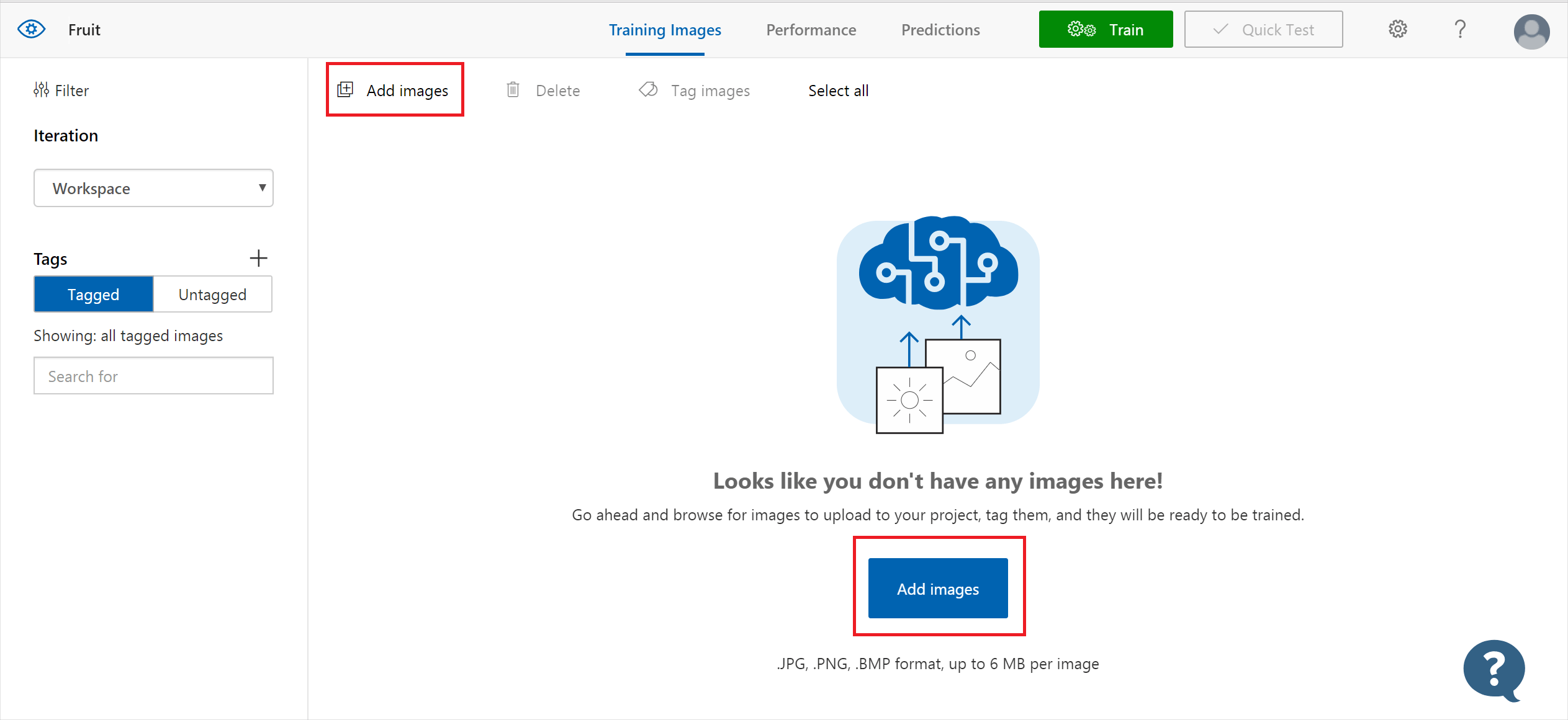 Screenshot of the Add Images control is shown in the upper left, and as a button at bottom center.
