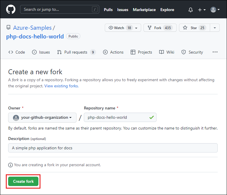 Screenshot of the Create a new fork page in GitHub for creating a new fork of Azure Samples.