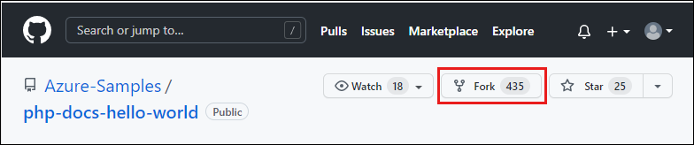 Screenshot of the Azure Samples repo in GitHub, with the Fork option highlighted.
