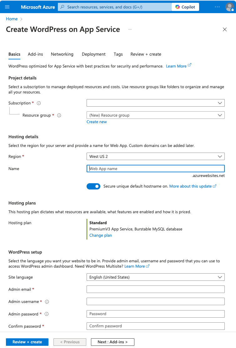 Screenshot of Create a WordPress site on Azure App Service.
