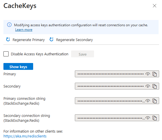 Screenshot showing Azure Redis cache access keys pane.