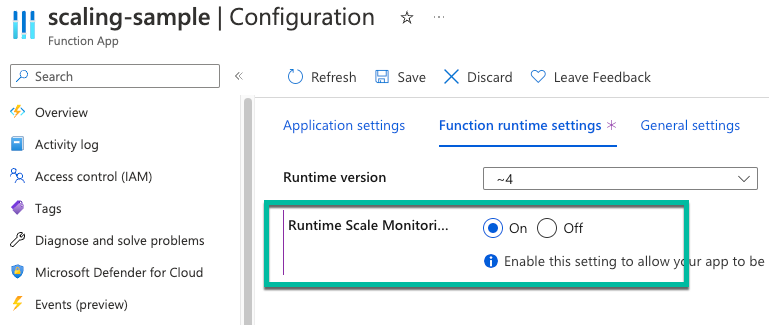 Screenshot of the Azure portal area for enabling runtime scaling.