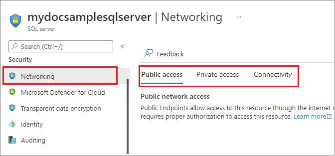 Screenshot of the Firewalls and virtual networks settings in Azure portal for a logical SQL server.