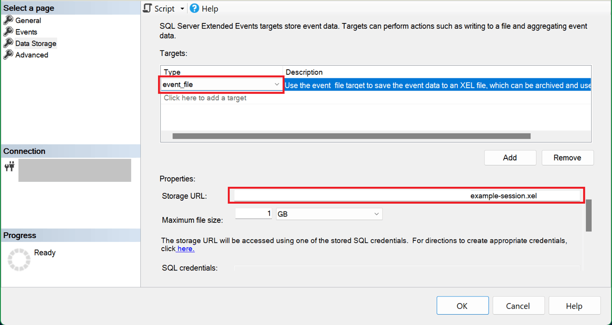 Screenshot of the New Session SSMS dialog showing the data storage selection page with an event_file target selected and an entered storage URL.