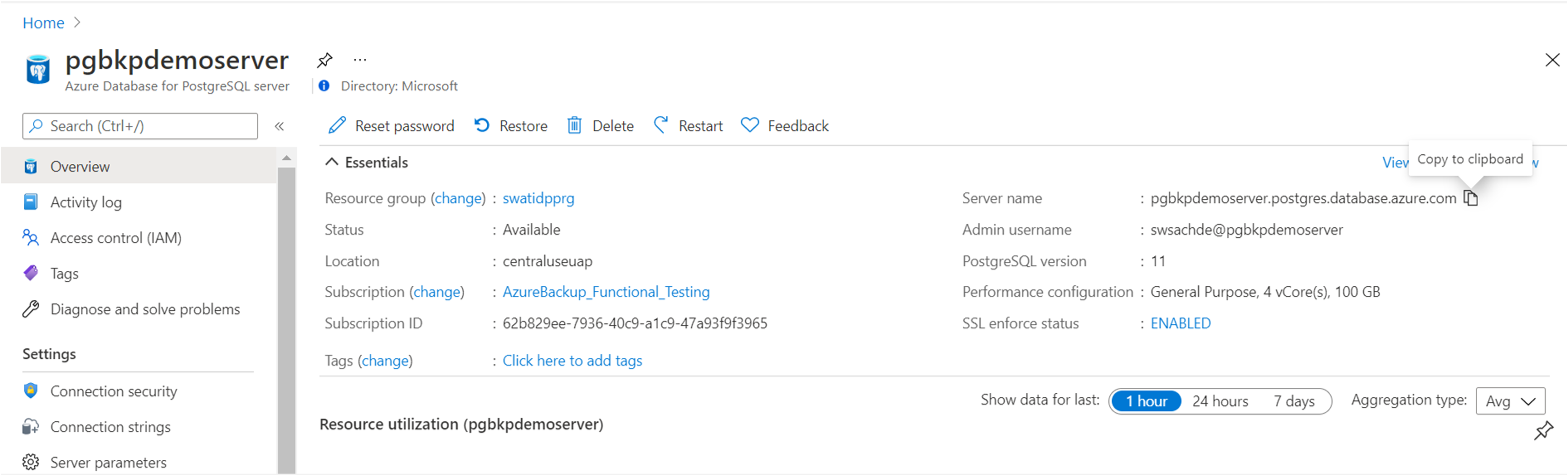 Screenshot that shows the Azure PostgreSQL resource view in the Azure portal, including the server name.