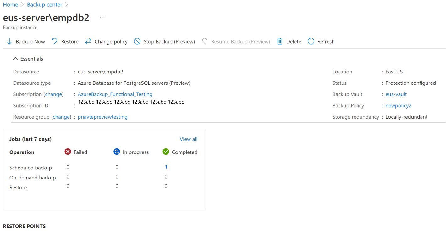 Screenshot that shows the selection of the Azure Database for PostgreSQL server backup instance to be stopped.