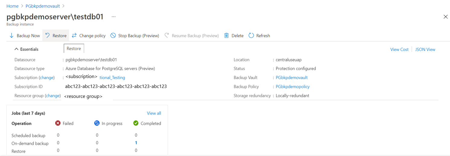 Screenshot that shows details for a backup instance.