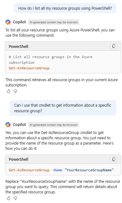Screenshot of Microsoft Copilot in Azure providing the PowerShell cmdlet to list resource groups.