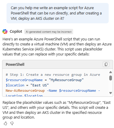 Screenshot of Copilot in Azure providing a PowerShell script that creates a VM and deploys an AKS cluster.