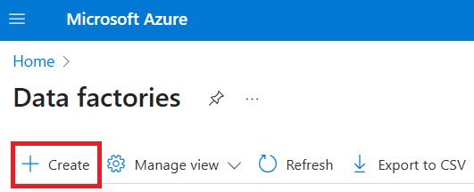 Screenshot of the Create button on the Azure portal page for data factories.