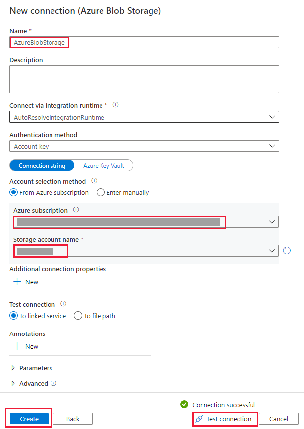 Screenshot that shows configuration details for an Azure Blob Storage account.