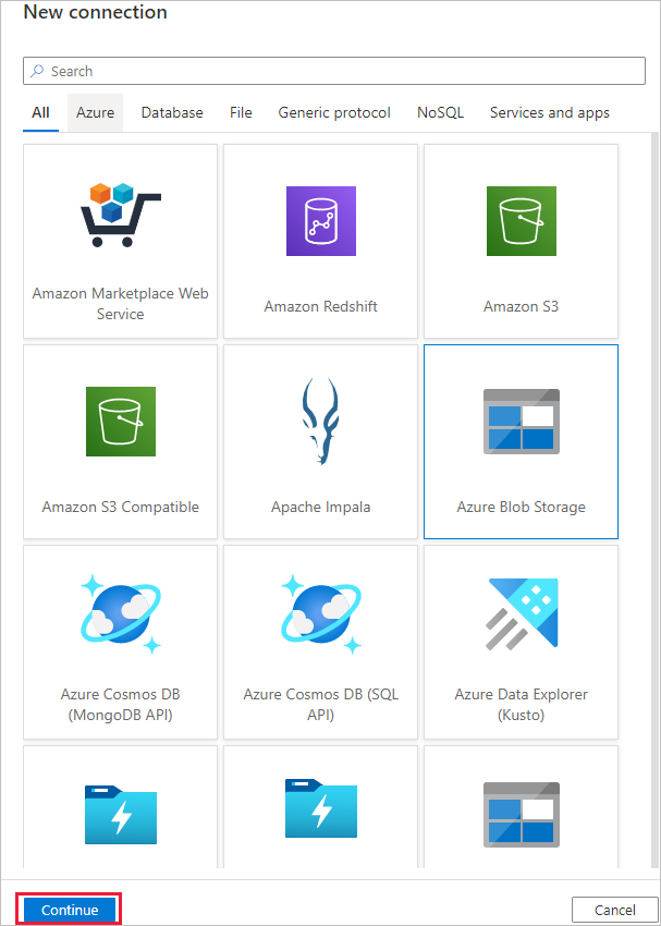 Screenshot that shows the gallery of service types in the dialog for a new connection, with Azure Blob Storage selected.