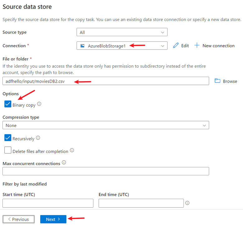 Screenshot that shows settings for a source data store.