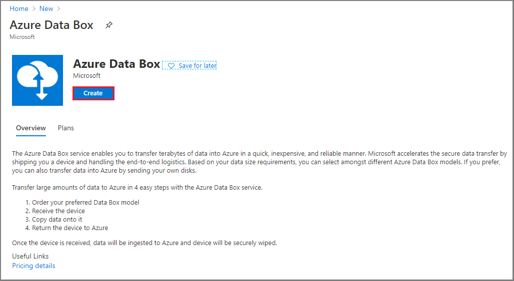 Screen capture of the New Resource page when creating a new Azure Data Box resource.