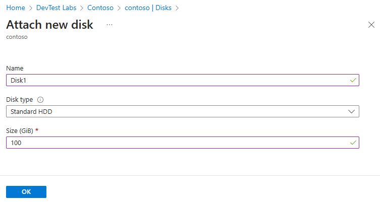 Screenshot of the Attach new disk form.